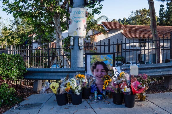 A memorial for Brodee Champlain Kingman on the corner of El Camino Real and Santa Fe Drive in Encinitas, Calif. Brodee was killed last month in an e-bike traffic accident.
